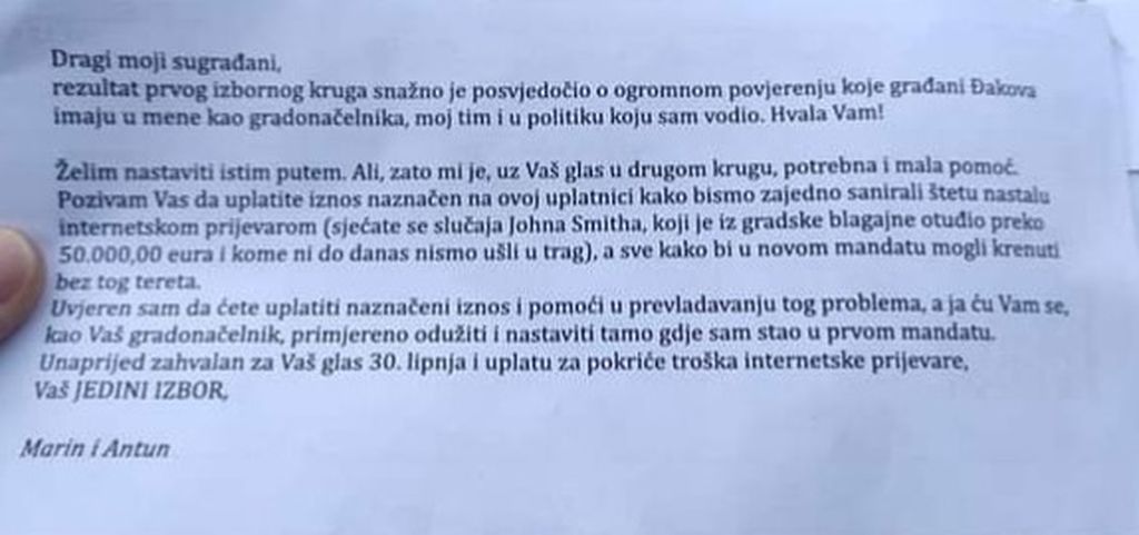 Pismo i uplatnica koji su stigli Đakovčanima u sandučić - 1