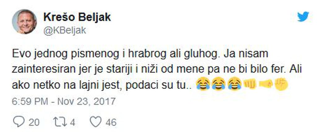 Krešo Beljak odgovorio na poziv za obračun (Screenshot: Twitter)