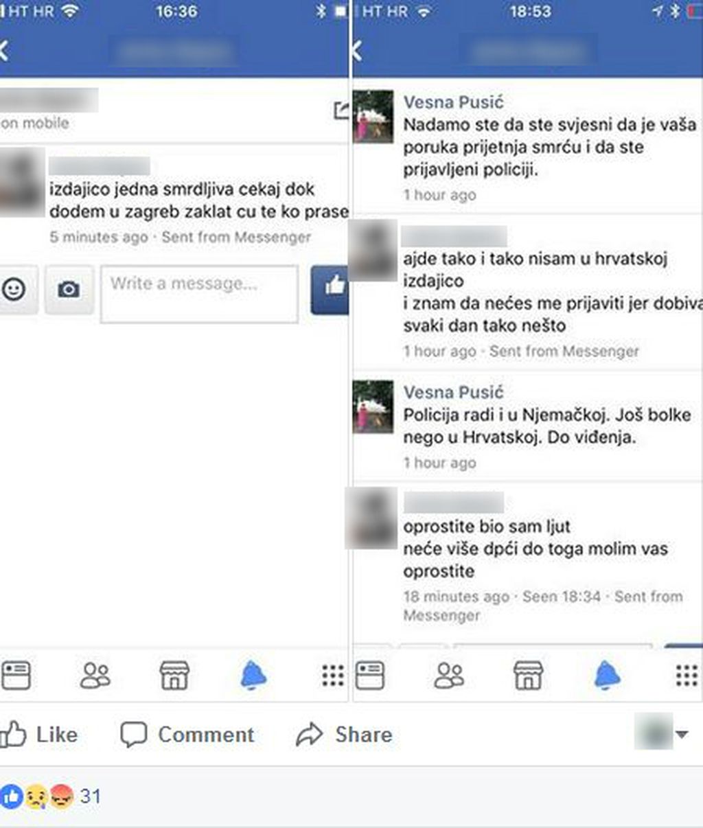 Prepiska prijetnje smrću koju je primila Vesna Pusić te i naknadne isprike (Foto: GLAS Građansko-liberalni savez/Facebook)
