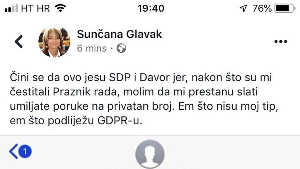 Objava Sunčane Glavak na Fecbooku (Screenshot: @sglavak/Facebook)) (Foto: )