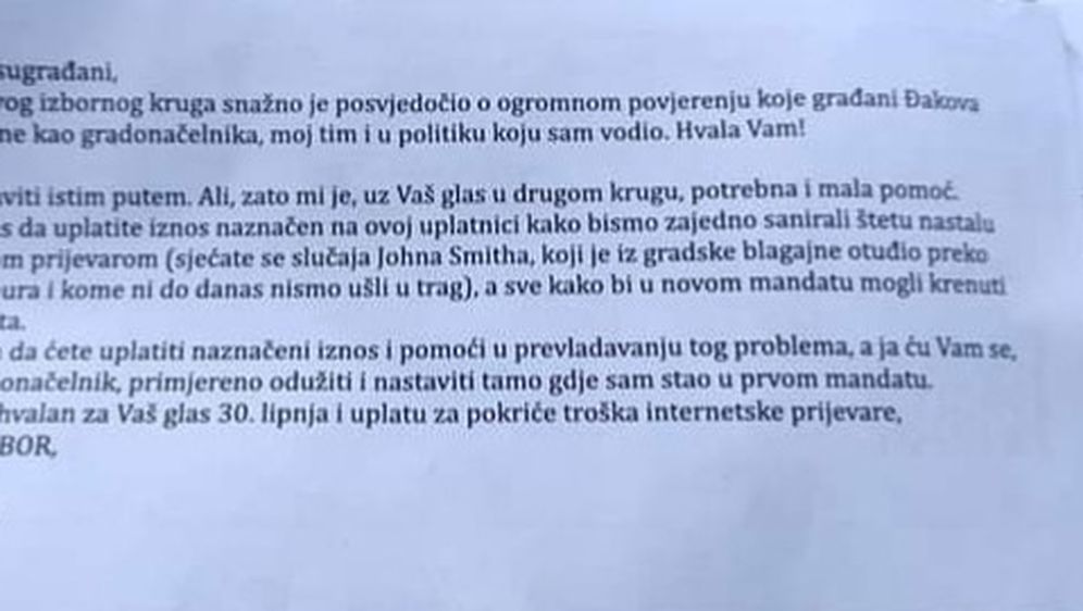 Pismo i uplatnica koji su stigli Đakovčanima u sandučić - 1