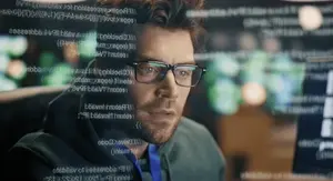 Programer pred računalom i kodovi na ekranu