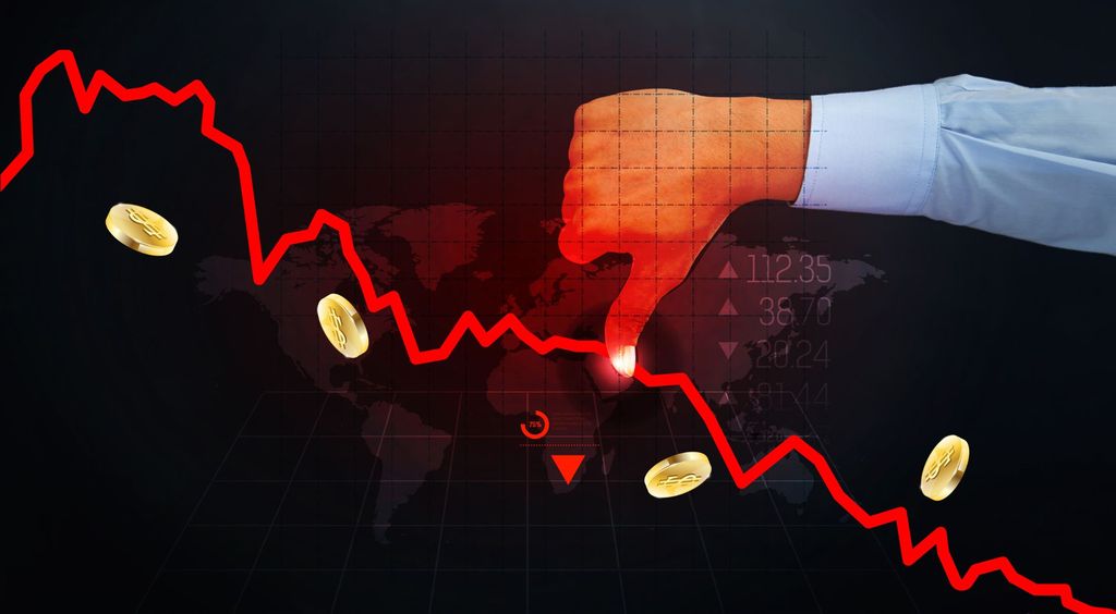 Padajući grafovi financijskih tržišta i Donald Trump kako pokazuje prstom