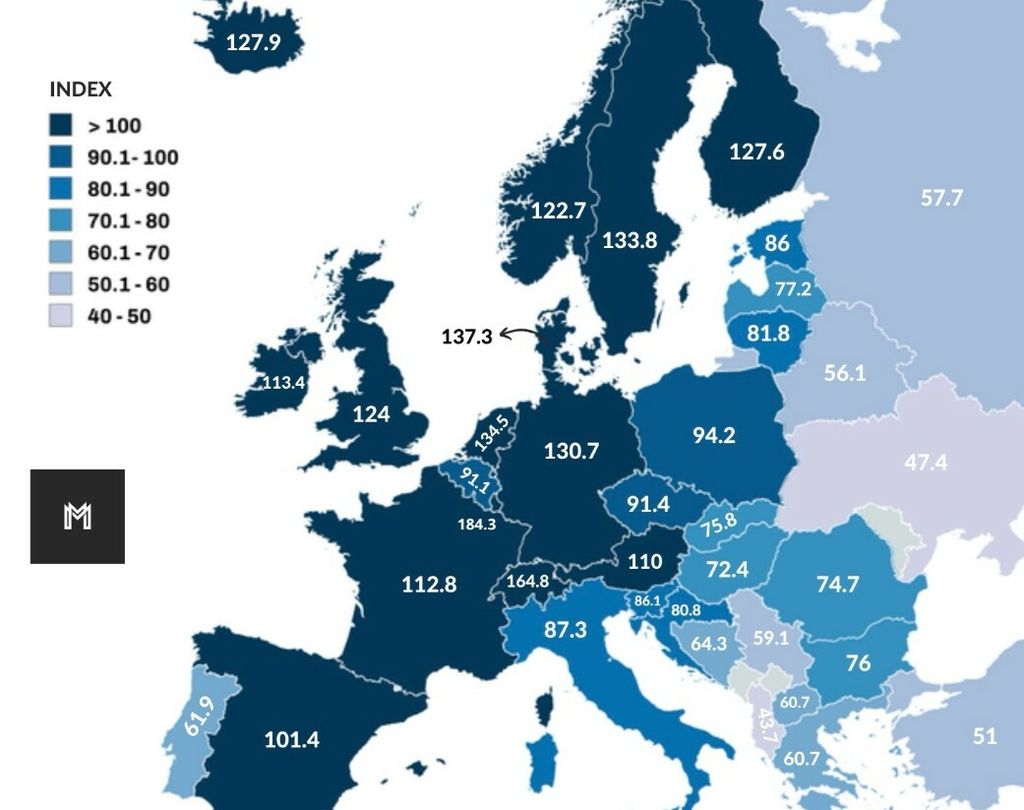 Karta s podacima o indeksu kupovne moći u Europi