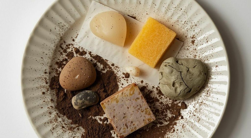 Kamenje, zemlja, papir i spužva na tanjuru