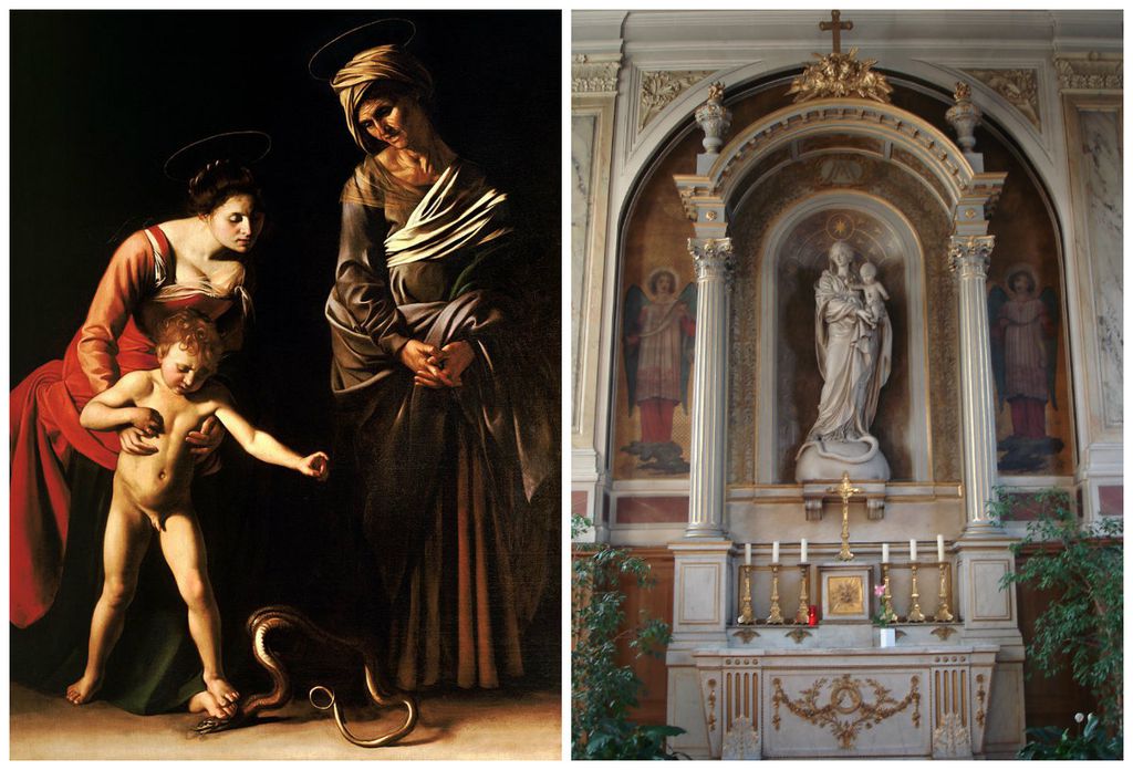 Djevica Marija drži Isusa i gazi zmiju: slika koju je naslikao Michelangelo Merisi da Caravaggio (lijevo) i kip iz crkve svetog Jakova u francuskoj (desno) (Foto: Wikimedia Commons)