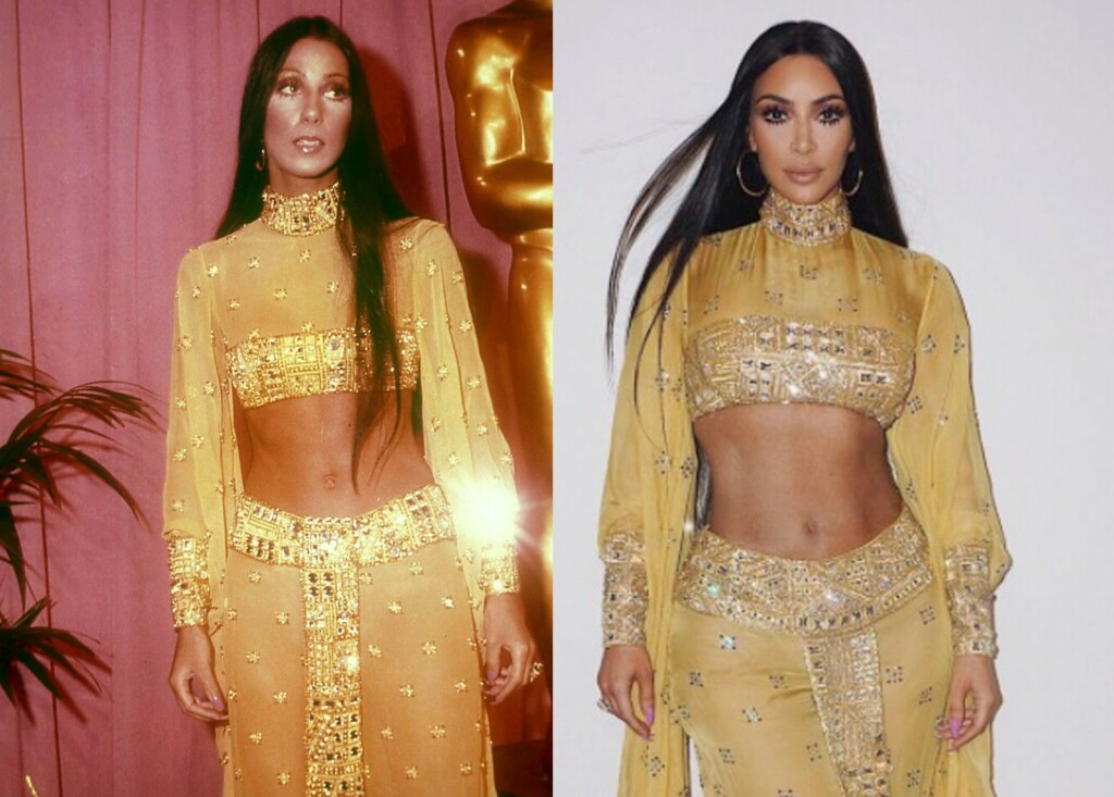 Cher na Oscarima 1973. godine u dvodijelnoj haljini koja ističe trbuh, i Kim Kardashian 2017. u sličnom izdanju