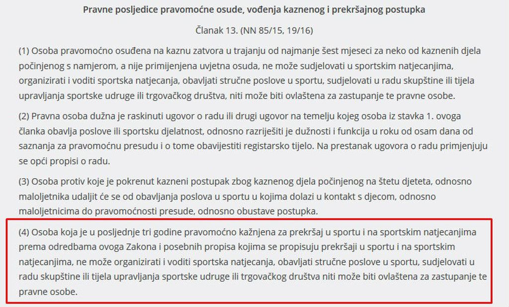 Prave posljedice pravomoćne presude po Zakonu o sportu