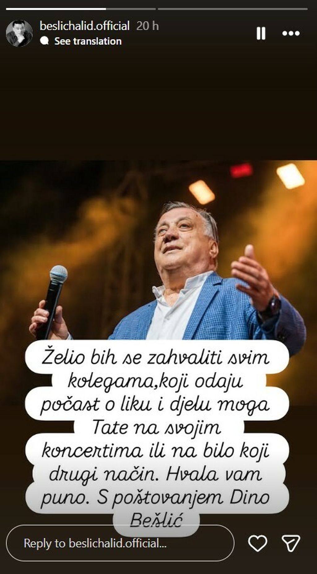Poruka Dine Bešlića na Instagramu