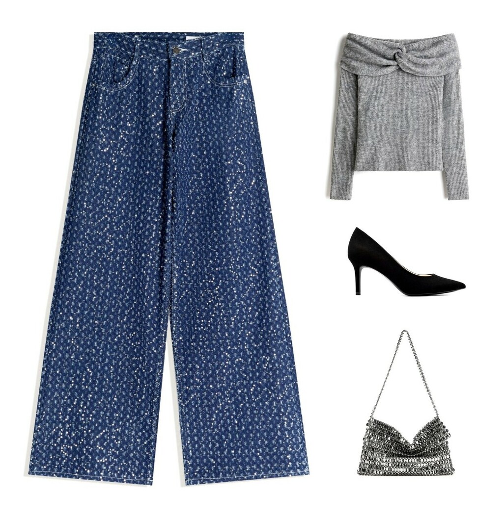 Kombinacija s plavim trapericama, sivim puloverom, klasičnim salonkama i blještavom torbicom