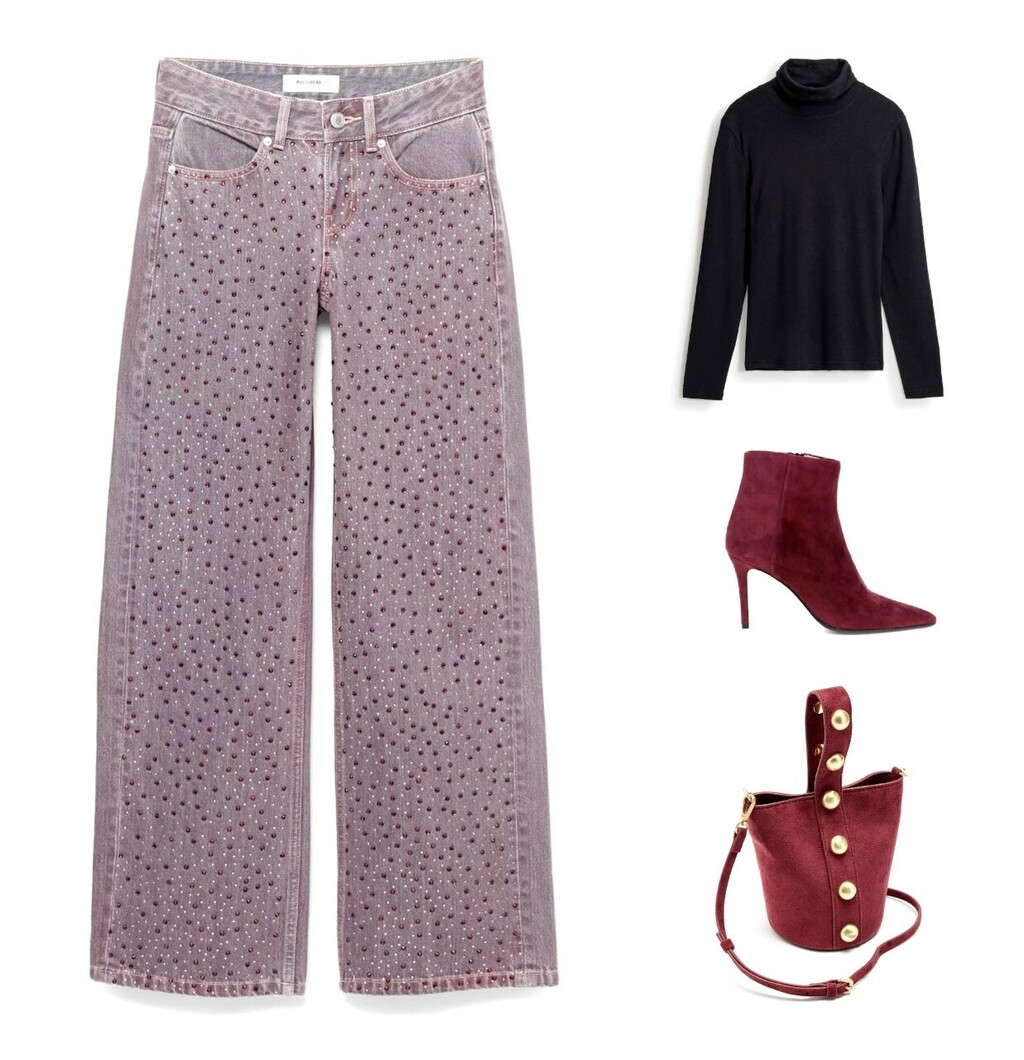 Kombinacija sa sivim trapericama, crnom dolčevitom, bordo gležnjačama i torbicom