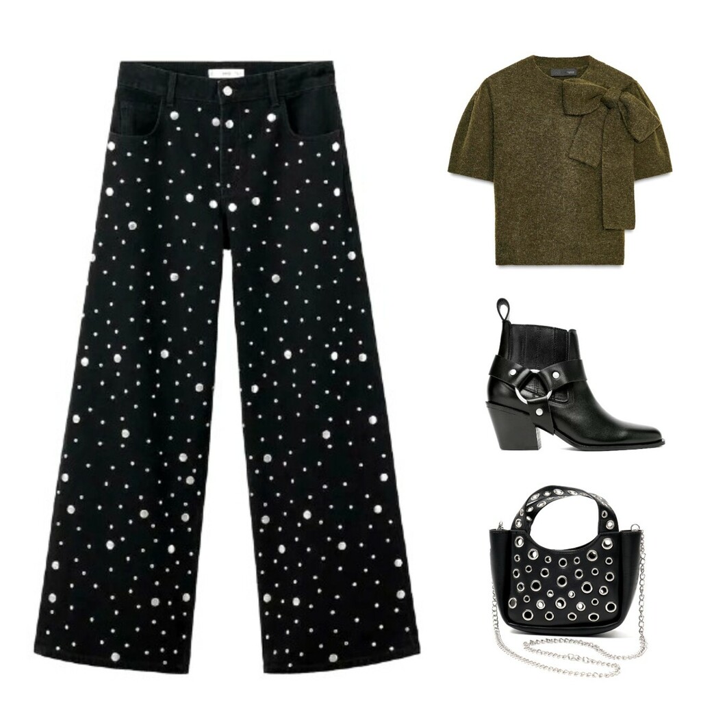 Kombinacija s crnim trapericama, zelenim puloverom i kaubojkama