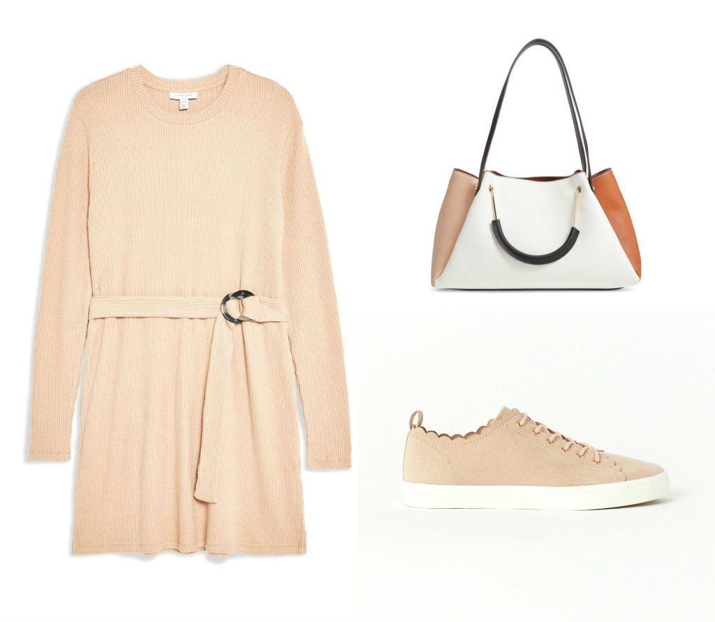 BEŽ I BIJELA: Haljina Topshop (213 kuna), torba Sondra Roberts (721 kuna), tenisice H&M (148 kuna)