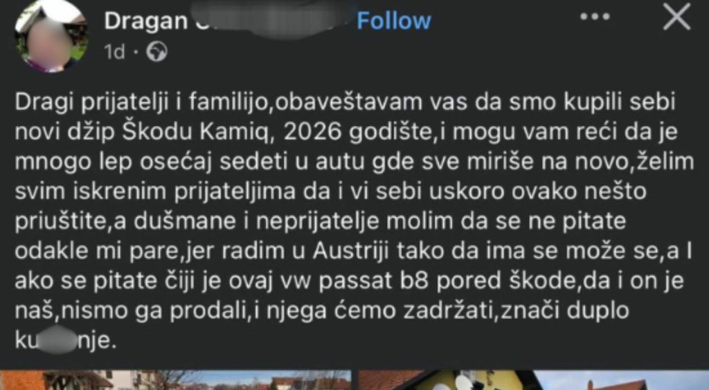 Objava na Facebooku u kojoj se muškarac pravi važan