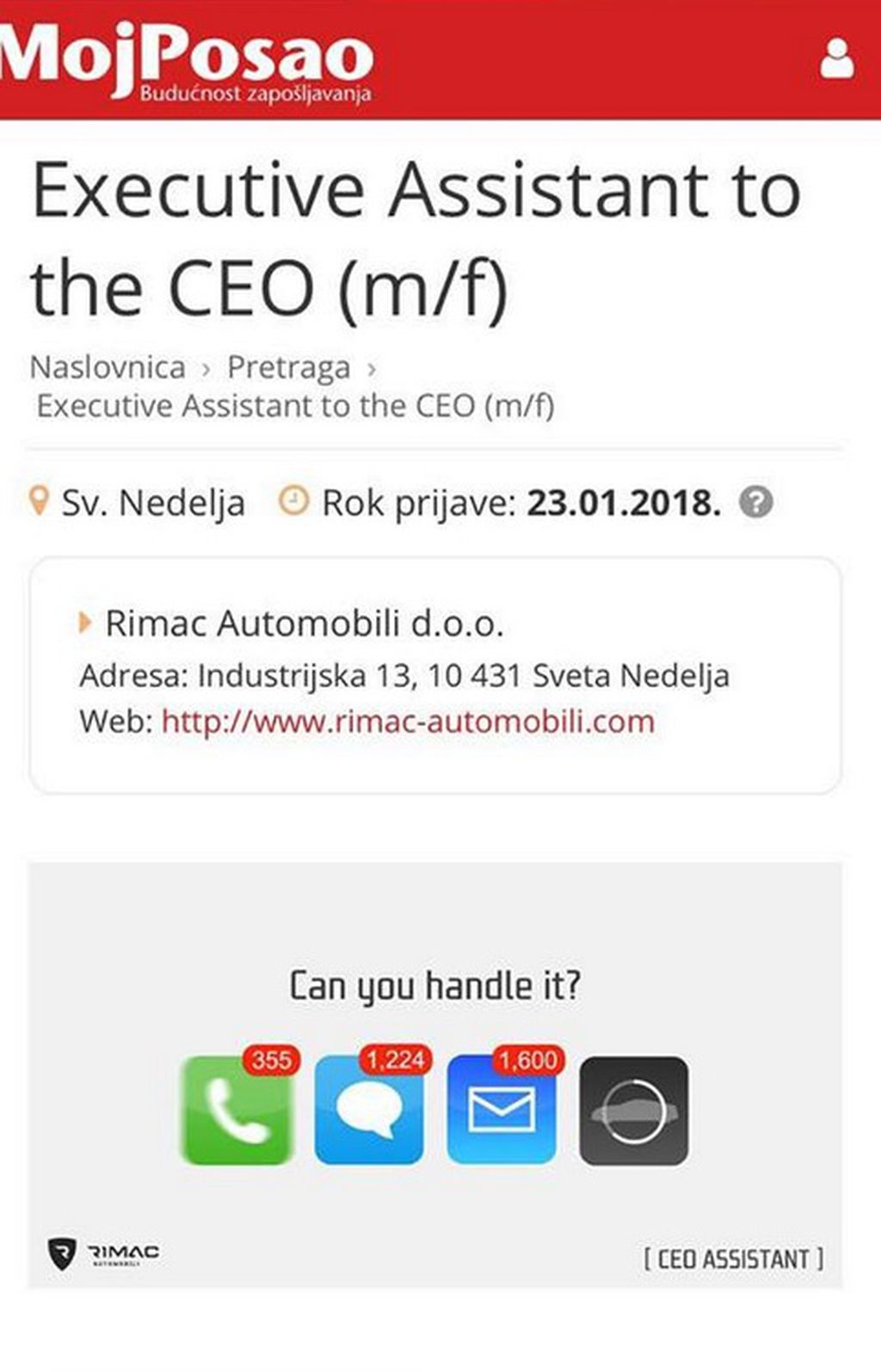 Mate Rimac traži asistenta (Screenshot moj-posao.net)