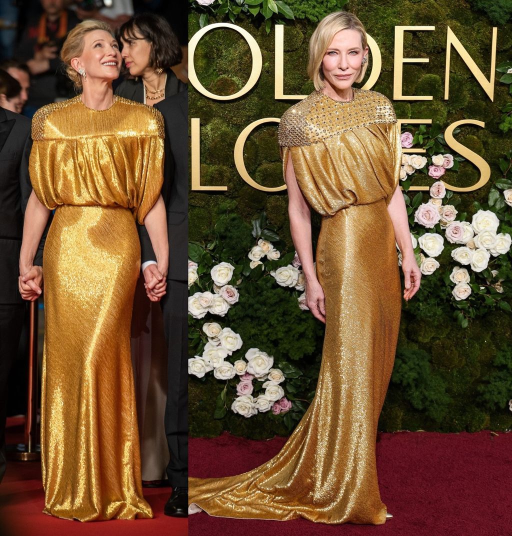 Cate Blanchett u zlatnoj haljini Louisa Vuittona na Zlatnim globusima 2025. i u Cannesu 2024.