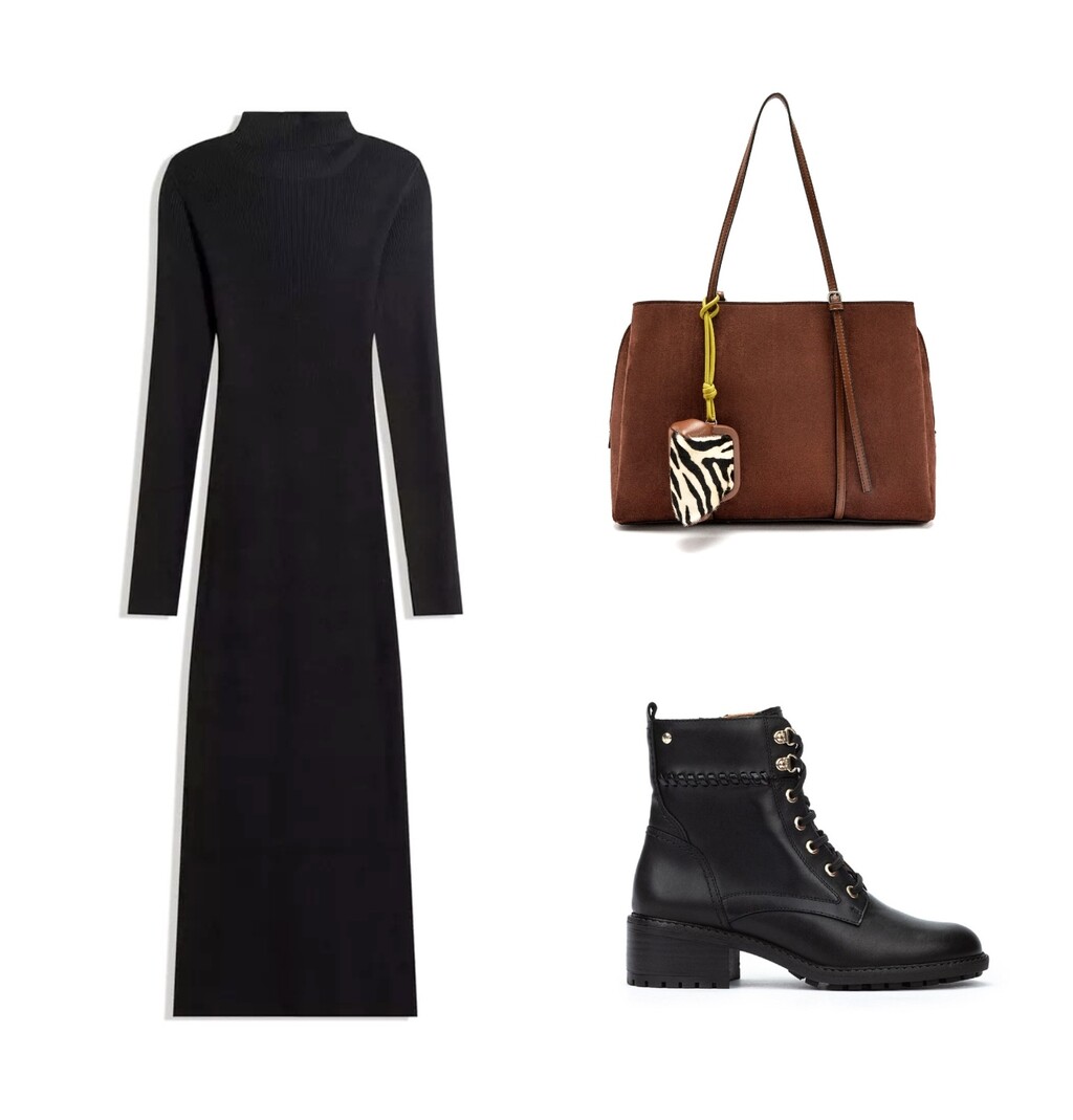 Crna pletena haljina u poslovnoj kombinaciji