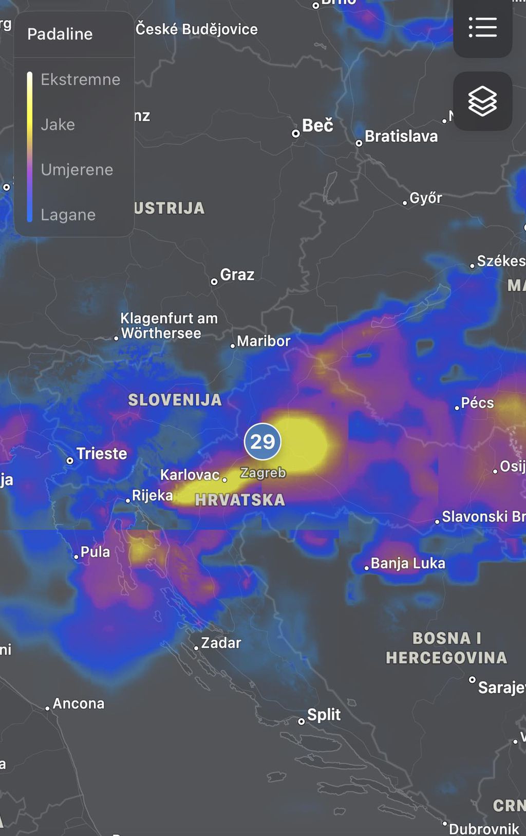 Prognoza za Zagreb u 20 sati