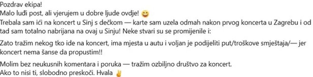 Djevojka traži društvo za Thompsonov koncert u Sinju