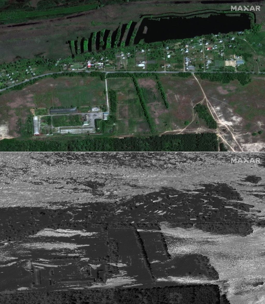 Usporedba fotografija domova i farmi u selu Korsunka 15. svibnja i 5. lipnja