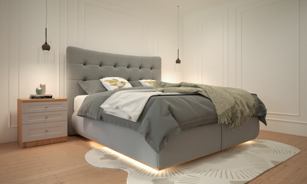 Tapecirani sivi Baldur box spring krevet s utezanjima na uzglavlju i ugrađenom LED rasvjetom na senzor Prima