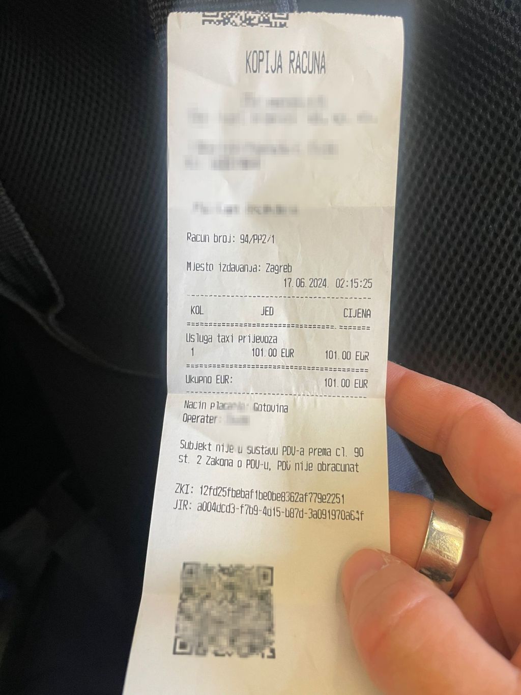 Račun za taksi vožnju