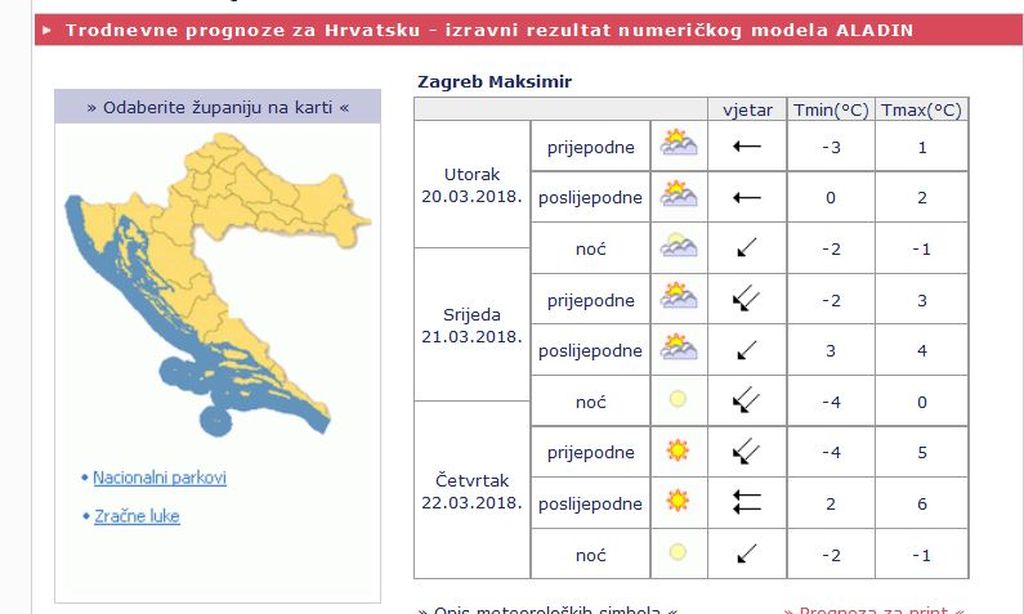 Temperature sljedeća tri dana za Zagreb (Screenshot: DHMZ)