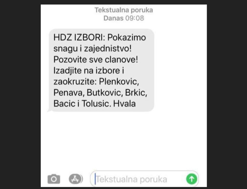SMS poruka kojom se HDZ-ovci pozivaju za koga da glasaju
