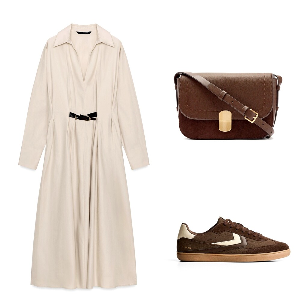 Kombinacija s bež haljinom i smeđim tenisicama