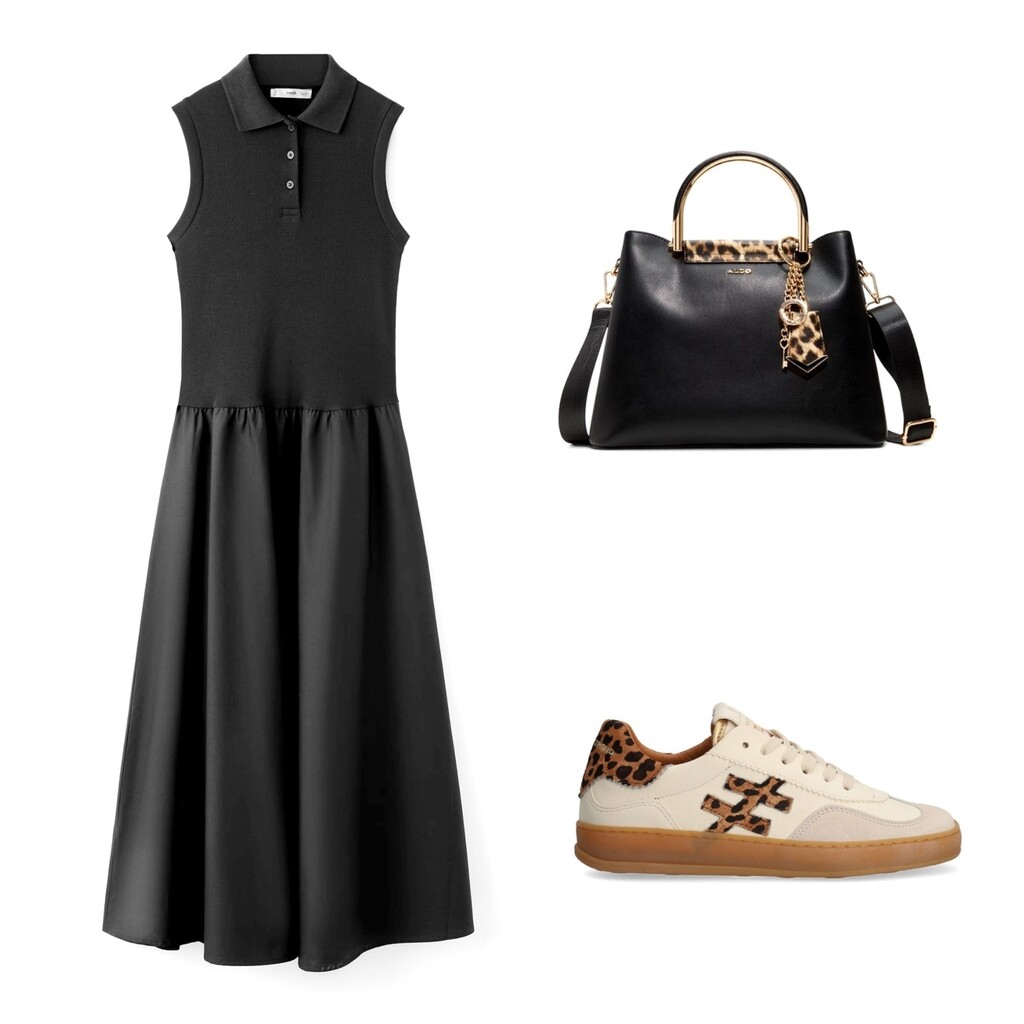 Kombinacija s crnom haljinom i bež tenisicama