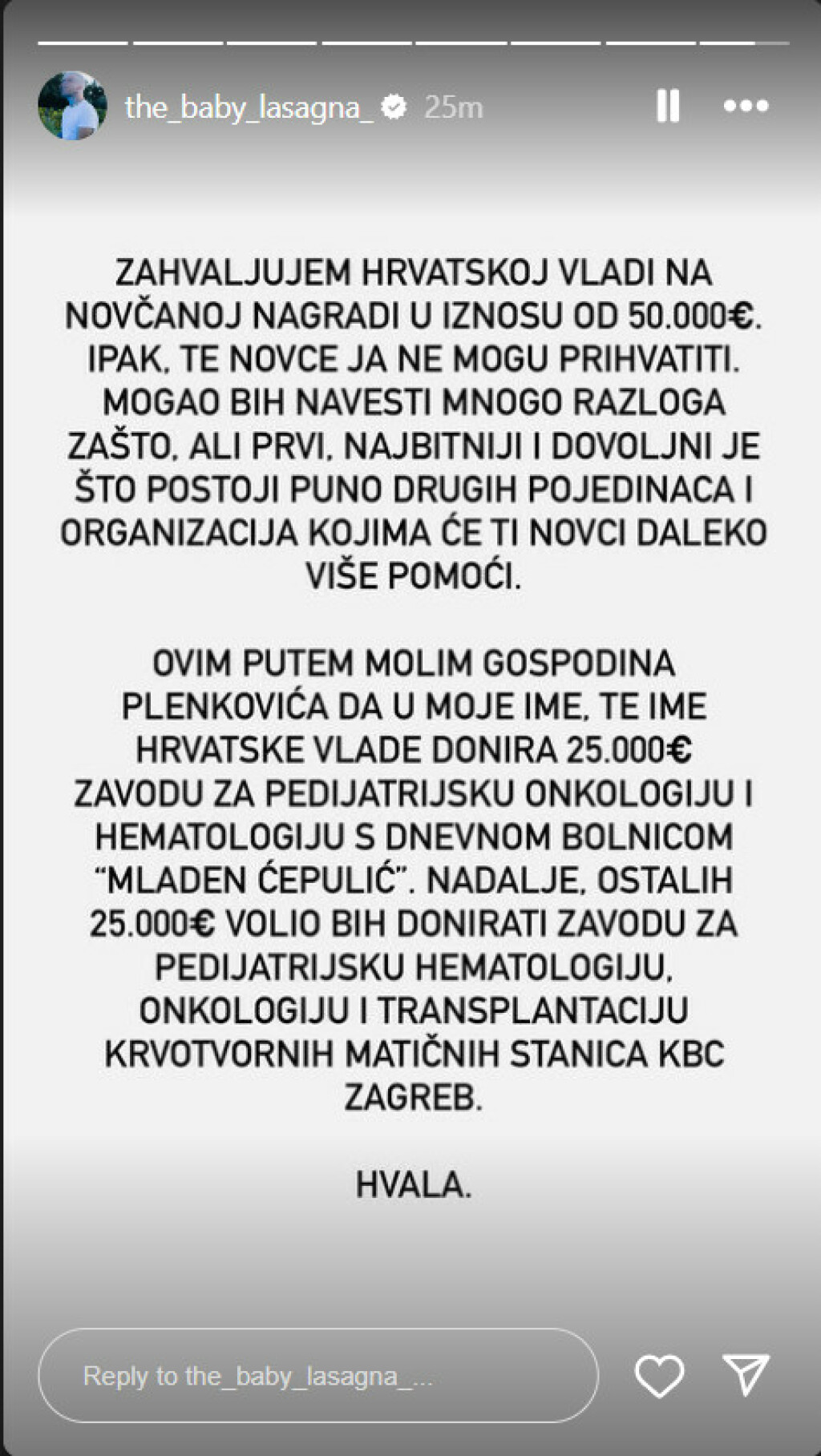 Story Baby Lasagne o novčanoj nagradi Vlade Republike Hrvatske