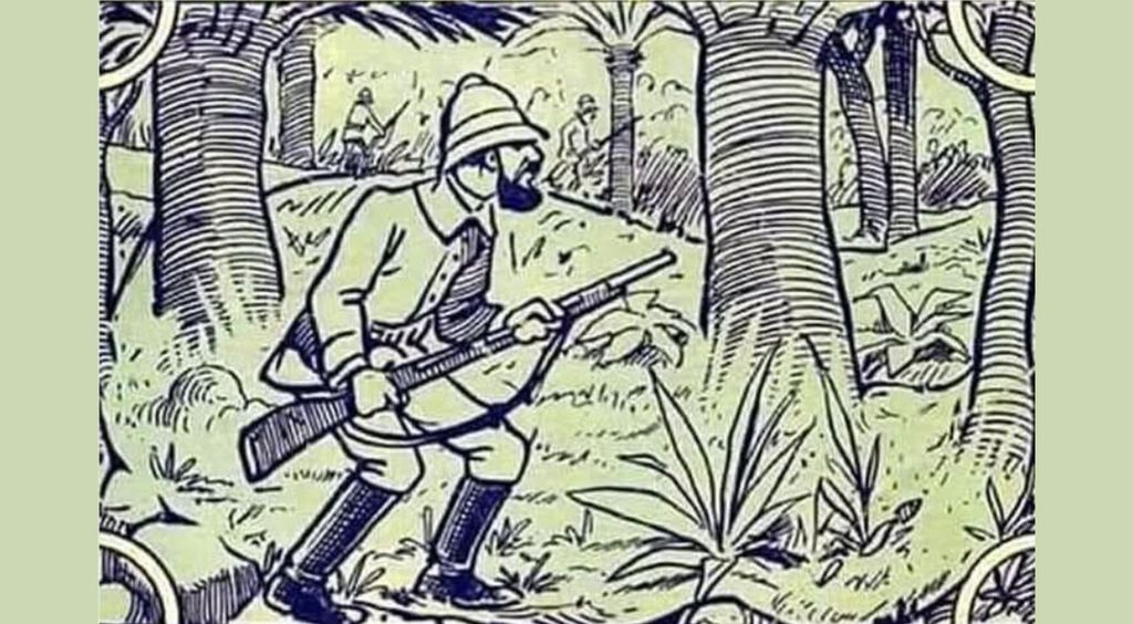Optička iluzija lovca u šumi i muškarac koji trlja oči ispod naočala