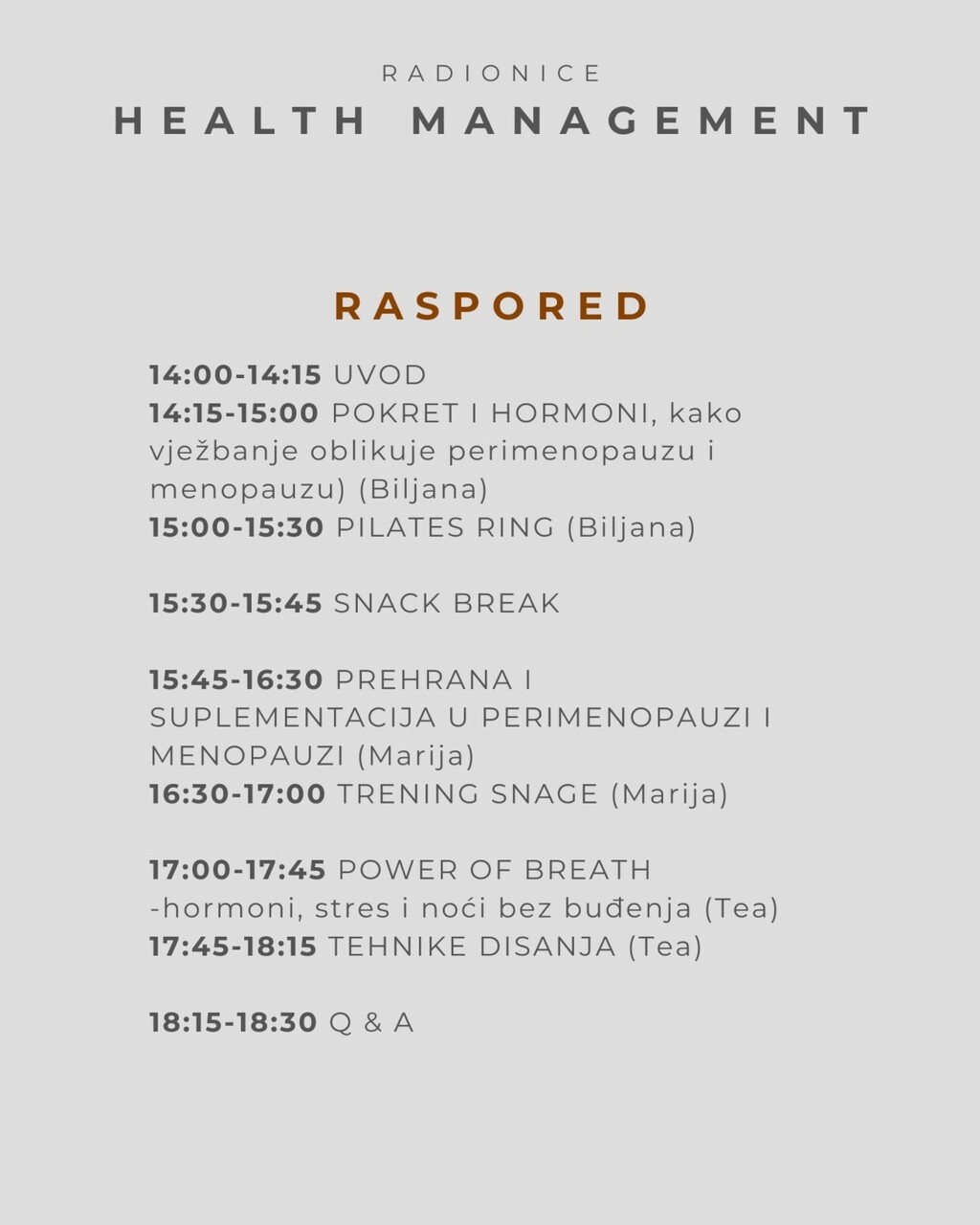 Raspored nove Health Management radionice