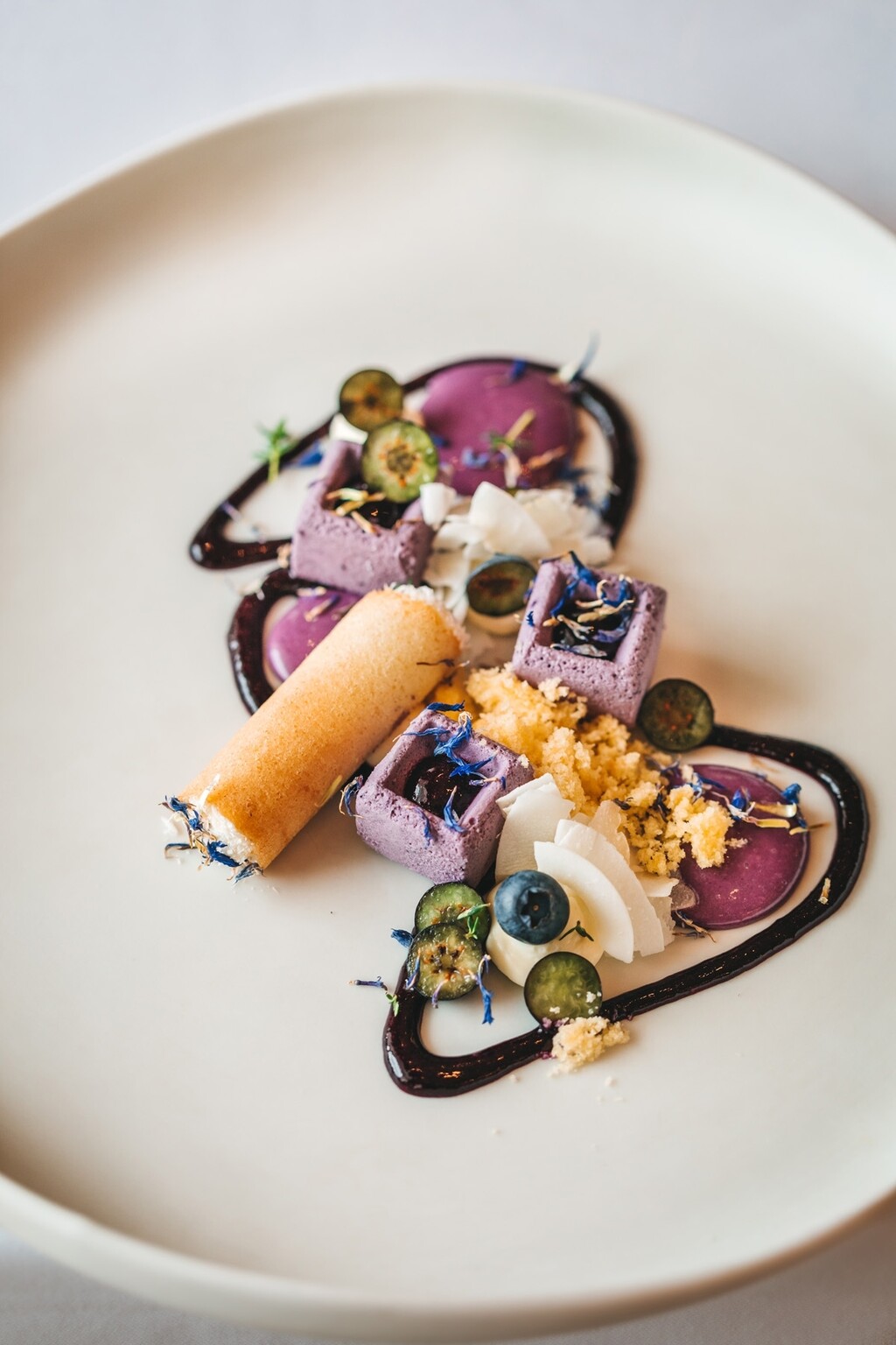 Biskvit od limuna, cremoux od borovnice, tuile od kokosa