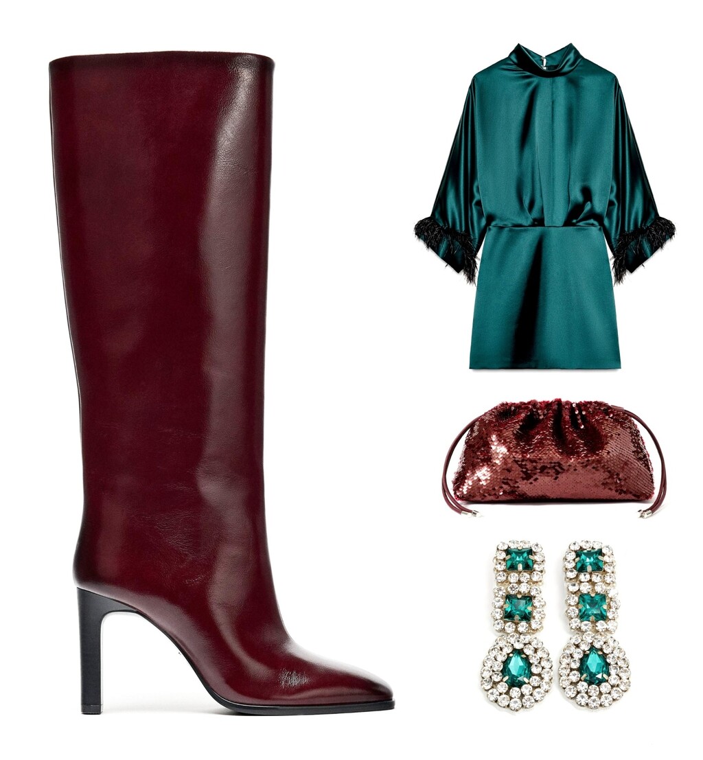 Kombinacija sa zelenom haljinom i bordo čizmama