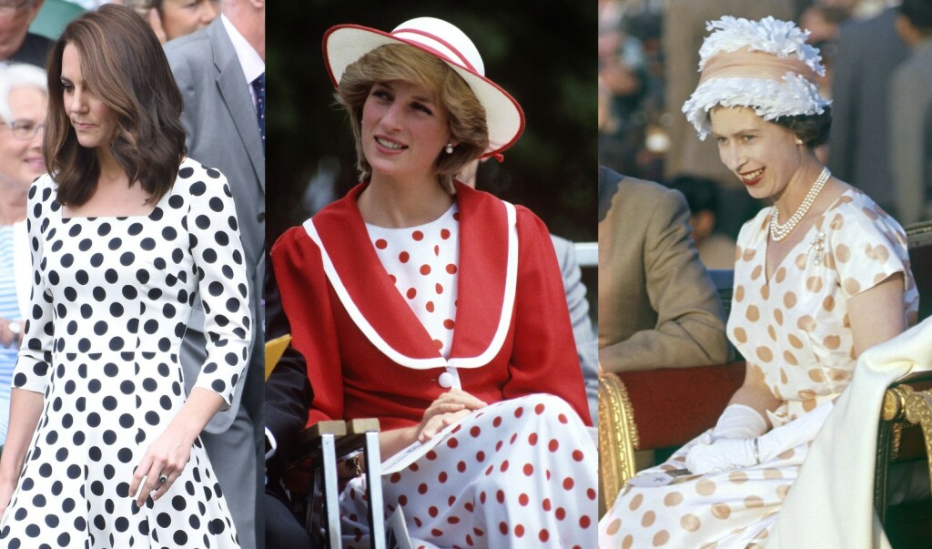 Catherine Middleton 2017., princeza Diana 1983. i kraljica Elizabeta II. 1961 godine u točkastoj haljini