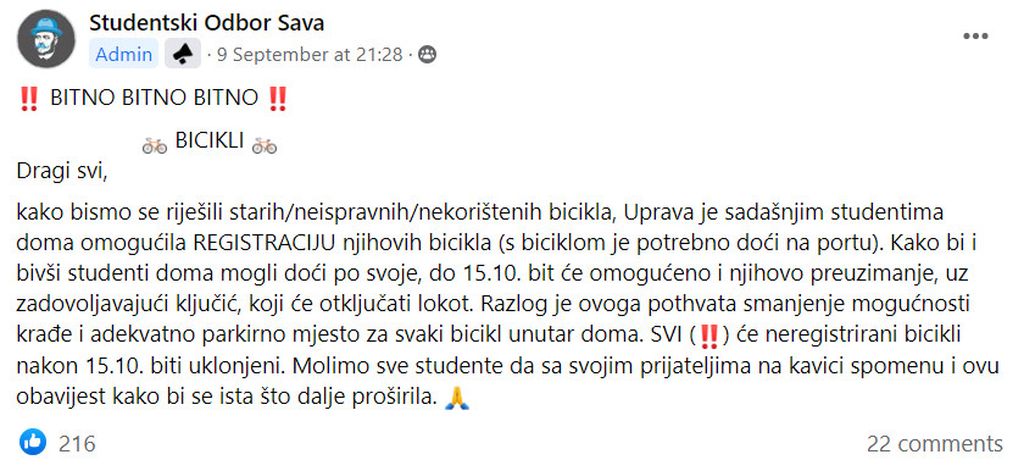 Studentski Odbor Sava stavio je novu obavijest