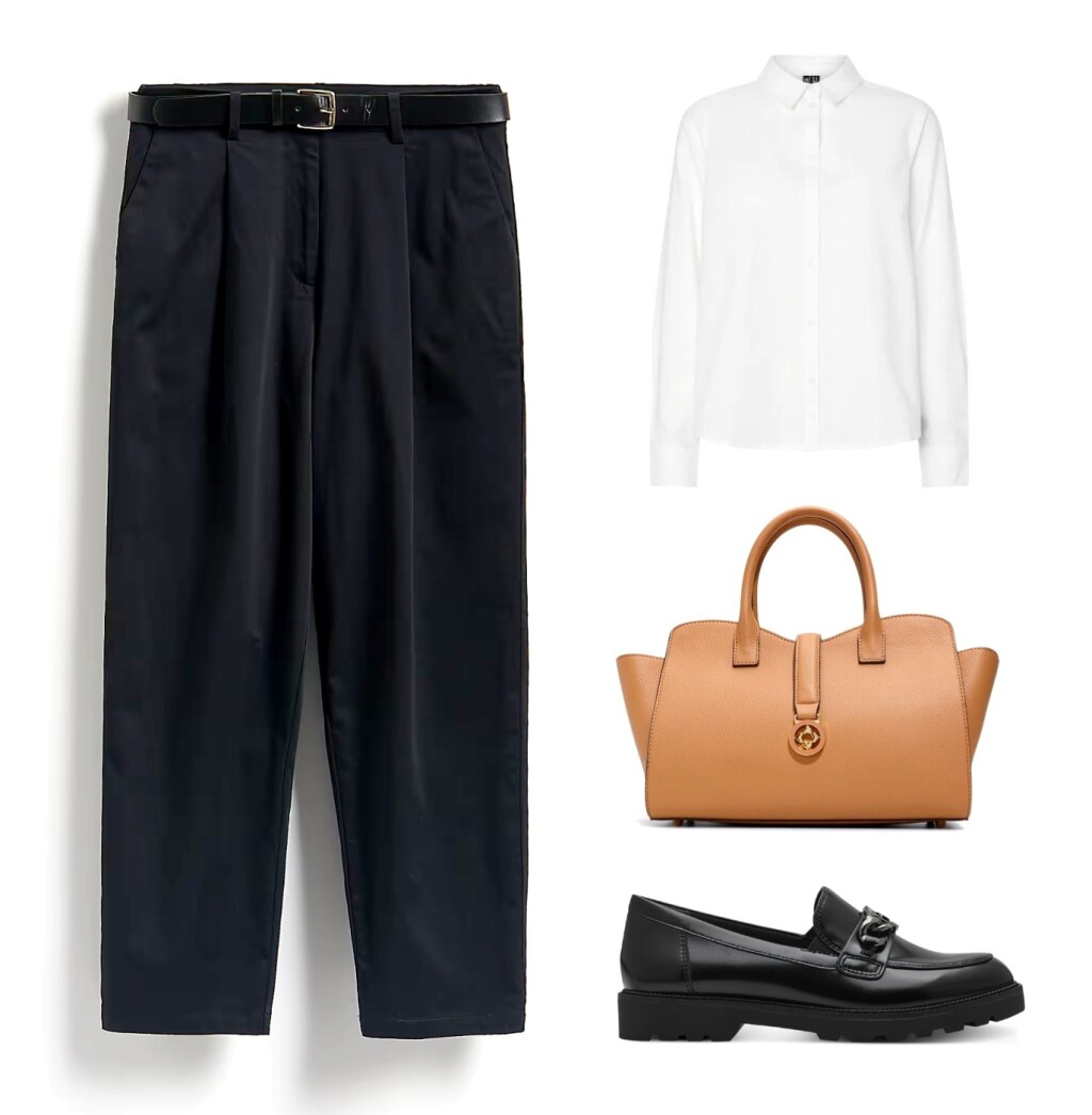 Poslovna kombinacija s crnim hlačama i bijelom košuljom