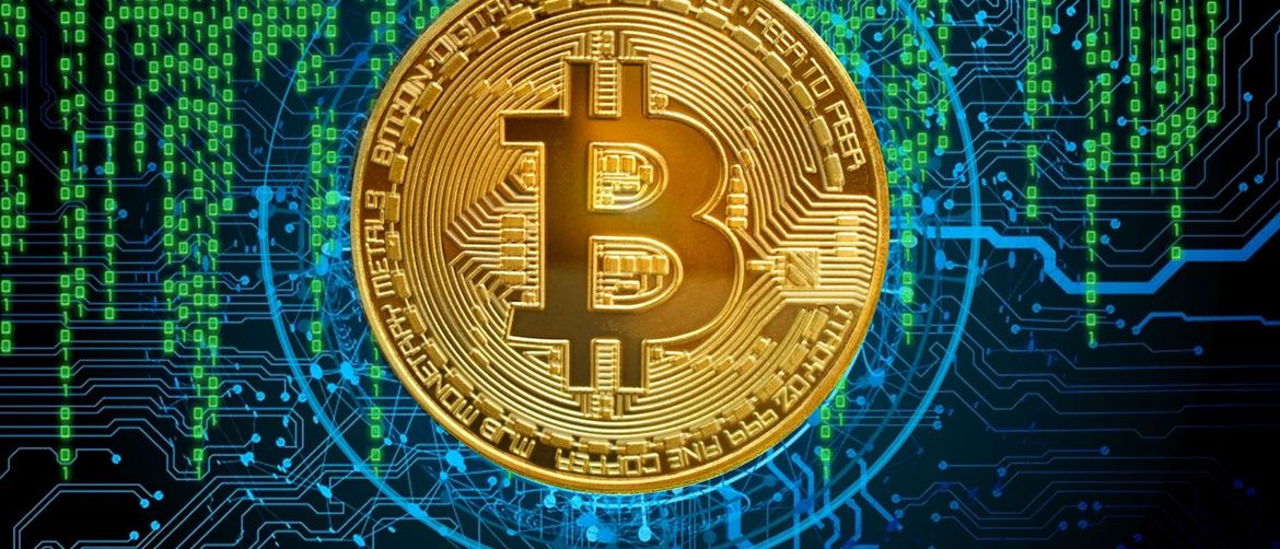 Simbol kriptovalute Bitcoin i pozadina s burze