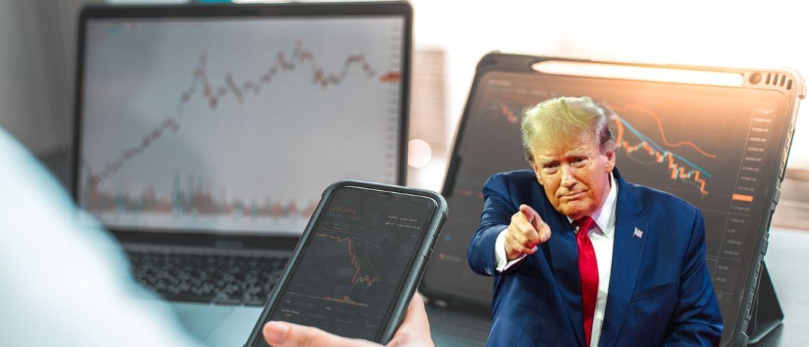 Padajući grafovi financijskih tržišta i Donald Trump kako pokazuje prstom