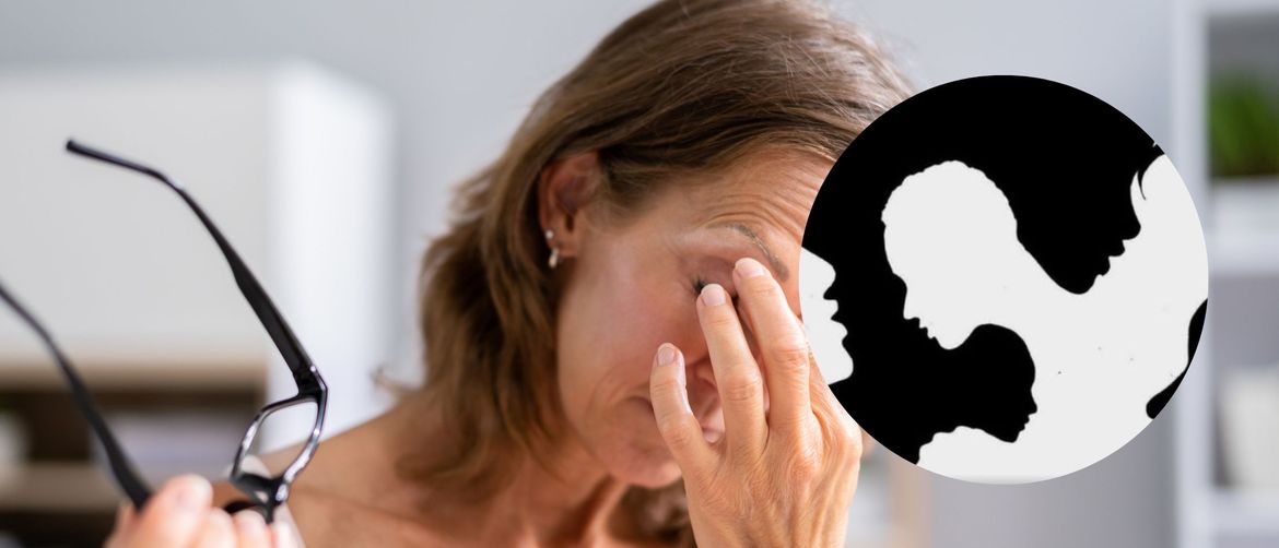 Žena koja trlja oči nakon nošenja naočala i vizualna zagonetka