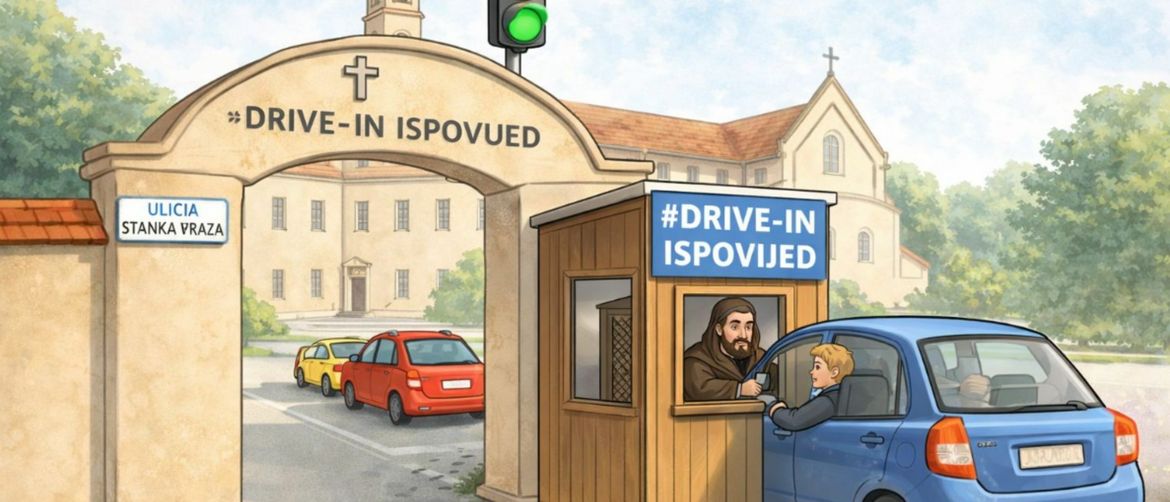 Grafika drive-in ispovijedi u župi sv Roka iz Virovitice