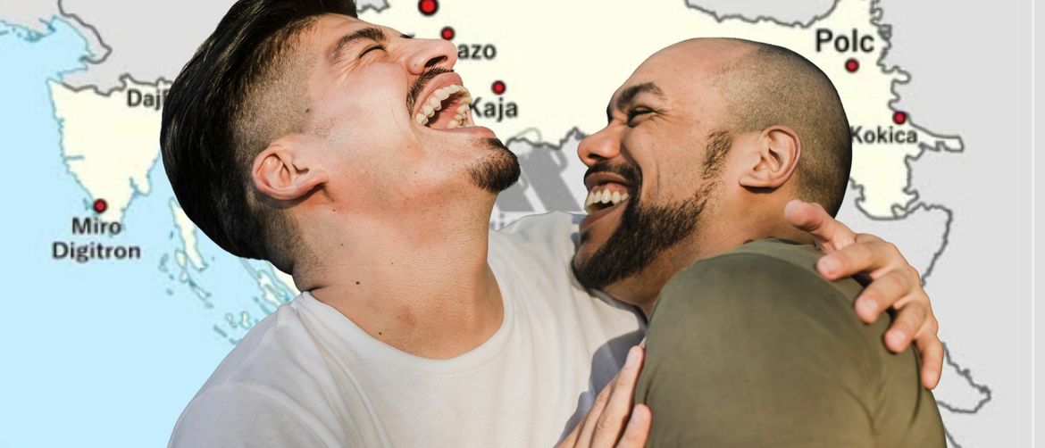 Karta Hrvatske s imenima lokalnih osoba i muškarci koji se smiju