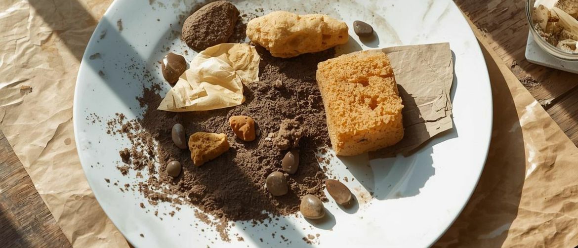 Kamenje, zemlja, papir i spužva na tanjuru