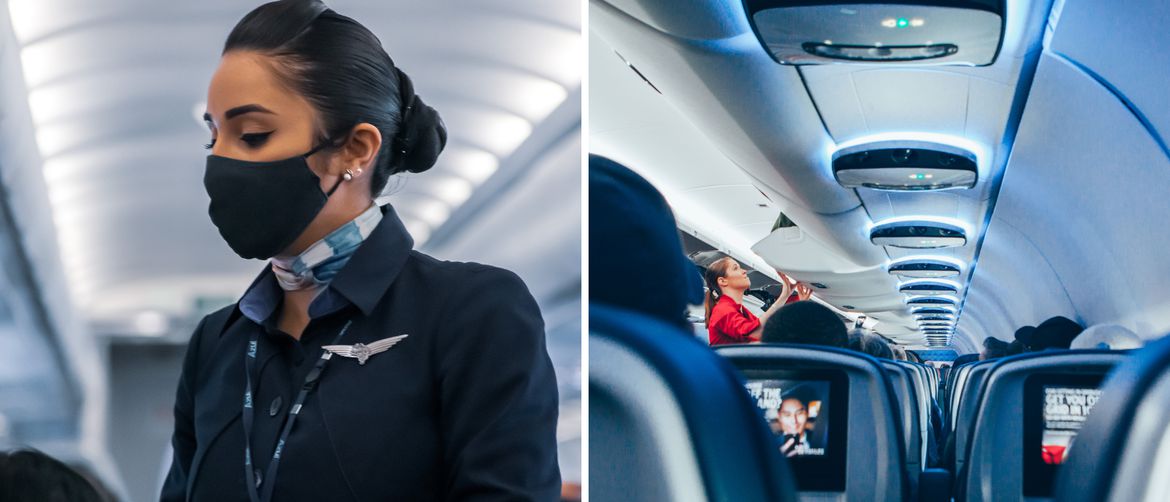 stjuardesa u avionu priča sa putnicima