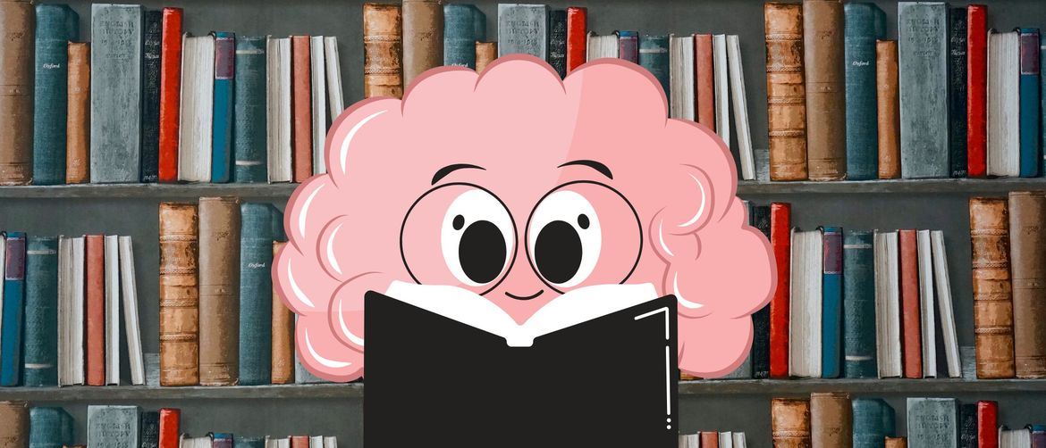 Polica s knjigama i grafika mozga koji čita knjigu