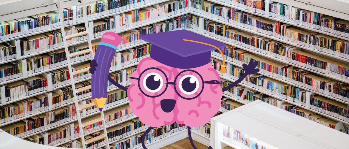 Police u knjižnici i grafika mozga s olovkom u ruci