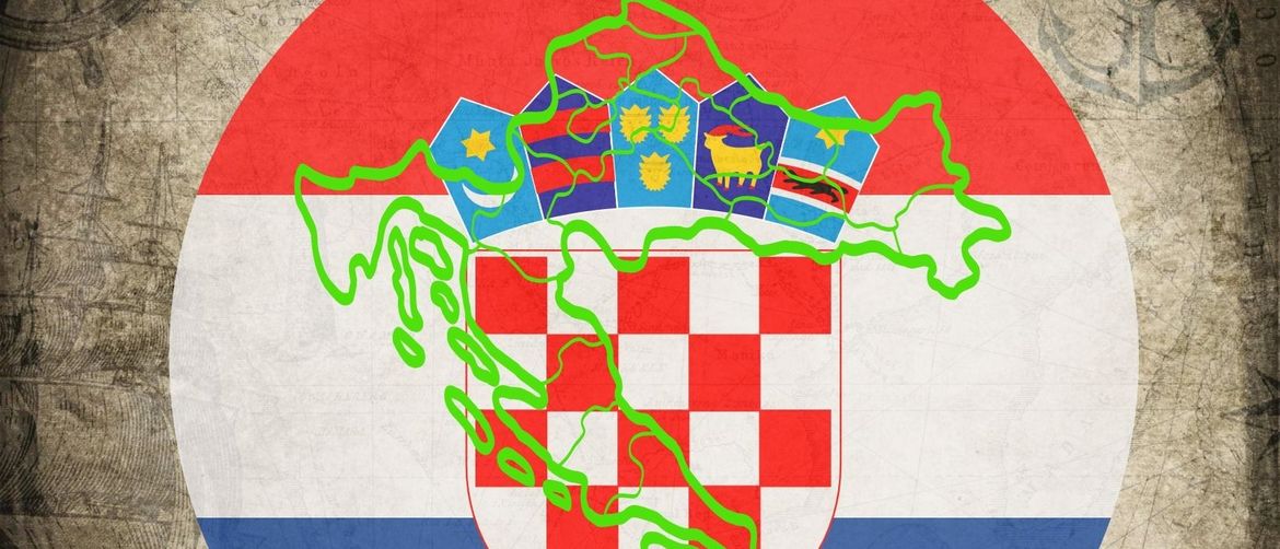 hrvatska zastava s grbom u krugu na pozadini od papira nalik na kartu i obrisa hrvatske s označenim županijama