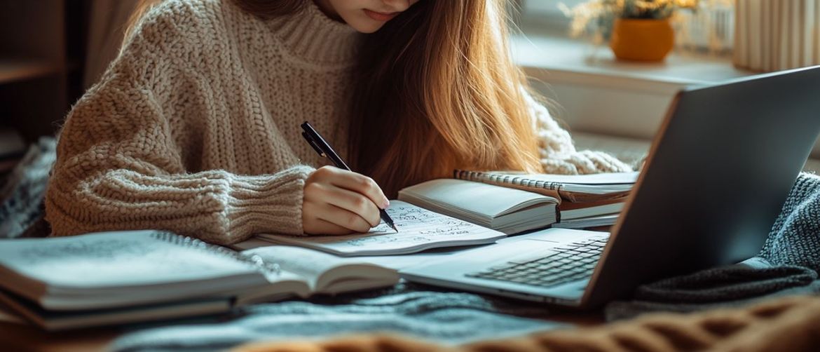 Djevojka uči uz bilježnice i laptop