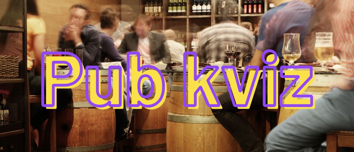 Pub i ljudi koji sjede i pričaju uz naslov kviza